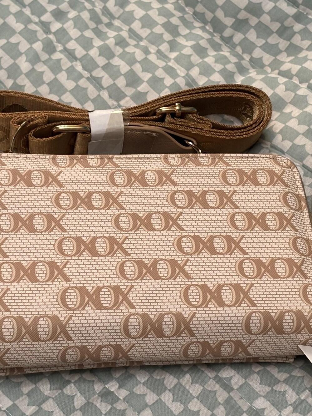 XOX Pattern Beige & Tan Crossbody Bag by